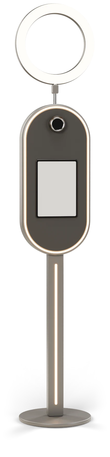 The Soura booth: a ring light above a gray booth with a DSLR camera and a touch screen, on a stand with a warm light strip