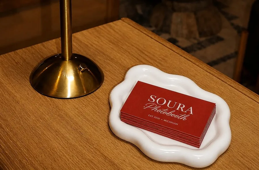 A stack of red Soura Photobooth business cards in a white tray next to a brass lamp