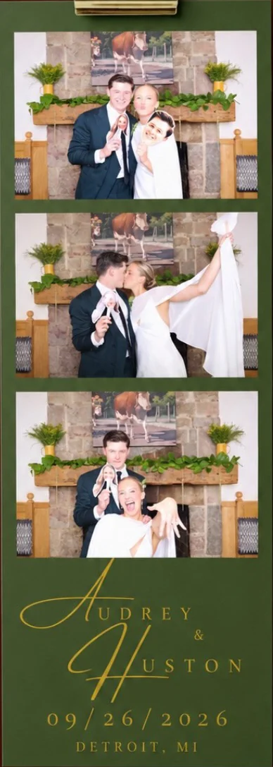 A green Soura photo strip with three photos of Audrey and Huston and their names and date in gold